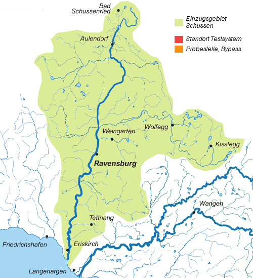 Einzugsgebiet Schussen mit Probestellen uns Standorten